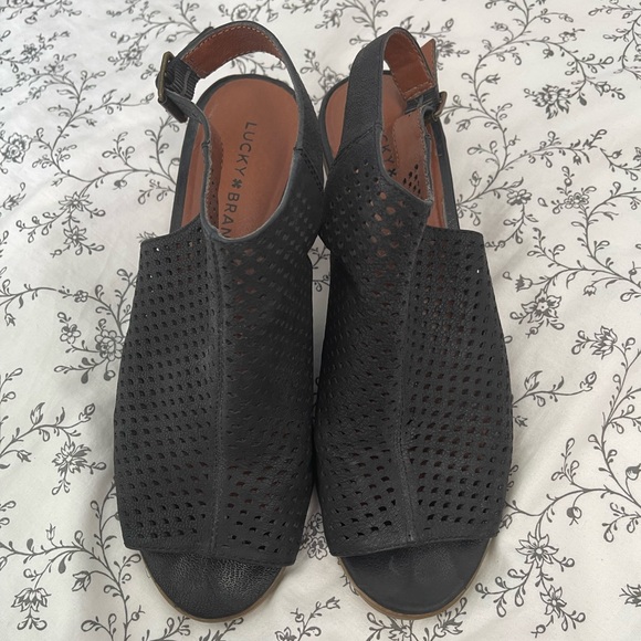 Lucky Brand Sling-back open toe Black leather mules ankle heeled sandals booties - Picture 10 of 11